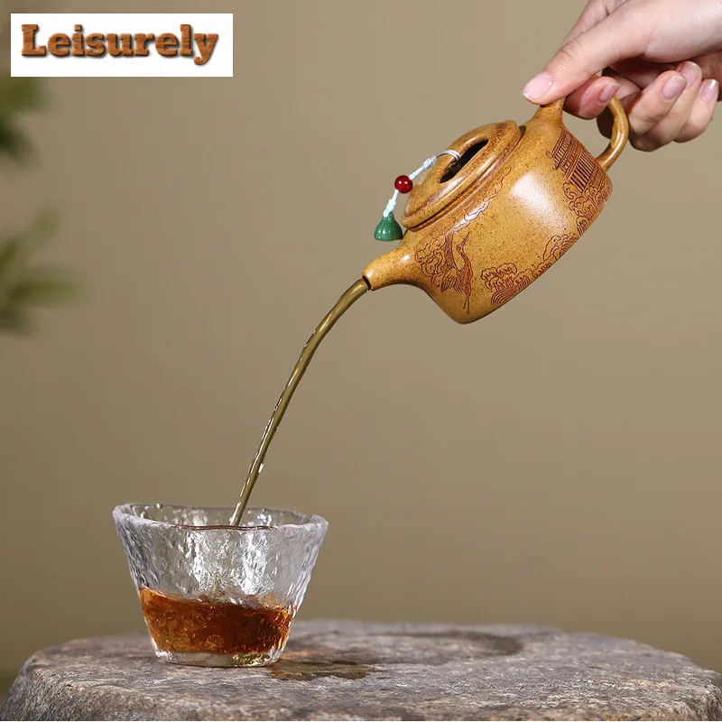 220ml Yixing Purple Clay Teapots Handmade Cattle Lid Lotus Seed Pot Raw Ore The Keel Gold Sand Tea Making Kettle Zisha Tea Set