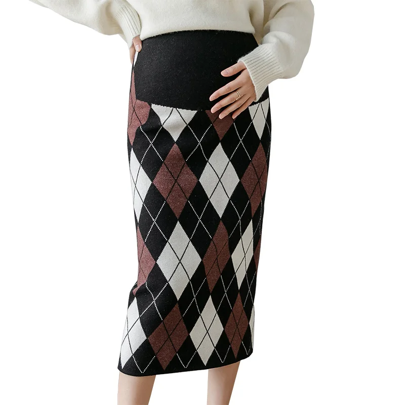 Maternity Slim Hip Knitting Skirts Block Color Plaid Patchwork Pregnant Women's Pencil Skirts Office Lady Elegant Straight Skirt