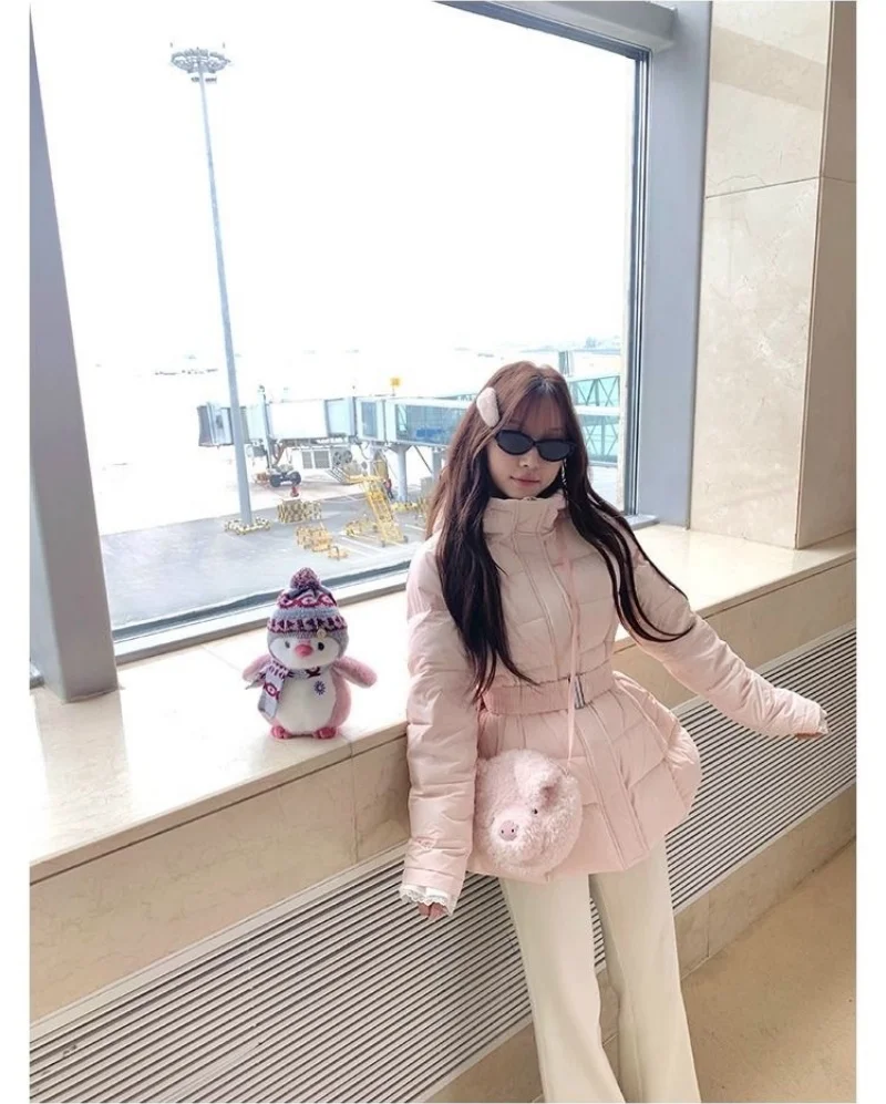Chic Women's Cotton Padded Jackt with Large Fur Collar Waist-Cinching Mid-Length Parkas Korean Trendy Warm Commute Outerwear