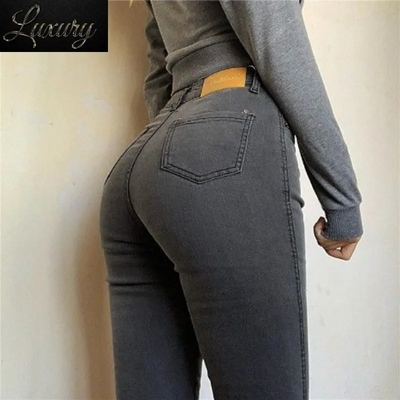 

Classic Vintage Buttocks Black Gray Jeans for Women High Elastic Mom Female Washed Stretch Denim Pencil Pants clothes 40