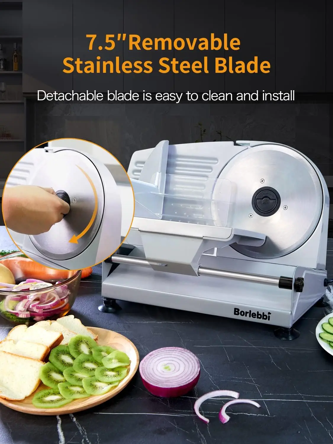 Slicer, 200W Electric Food Slicer with 2 Removable 7.5" Stainless Steel Blades and Stainless Steel Tray, Child Lock Protect 4