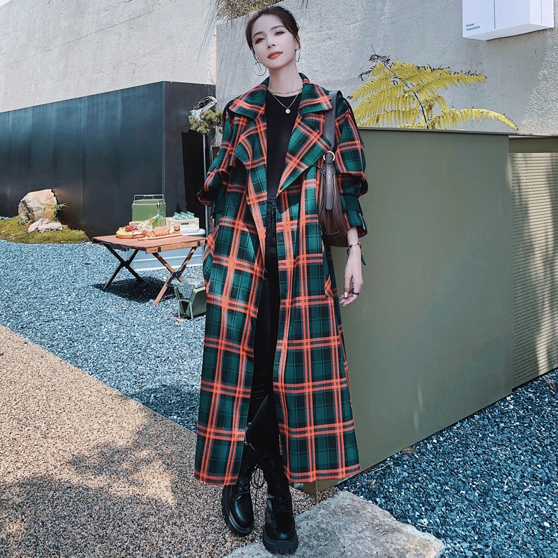 Brand New Long Plaid Trench Coat Women Windbreaker With Belt High Street Lady Lady Duster Coat Female Outerwear Autumn Spring womens long black puffer coat