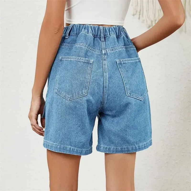 Women Elastic Waist Button Splicing Straight Denim Shorts Workwear Style Multiple Pockets Three Quarter Pants Female Mini Jeans