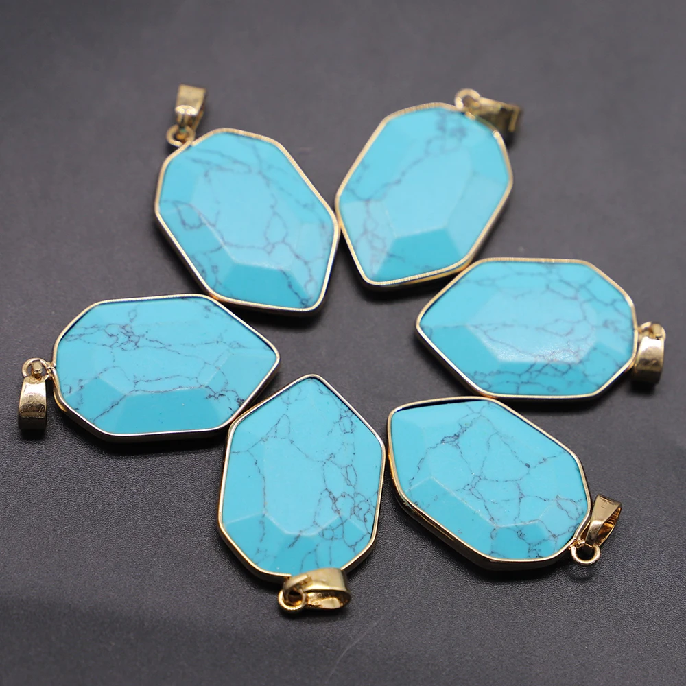 Natural Blue Turquoise Polygonal Pendants Oval Malachite Single Hole Necklaces Charm Earrings Jewelry Accessories 5Pcs Wholesale