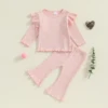 MISOWMNJOY Cute Autumn New Baby Girl Clothing Suits Soft Ribbed Infant Outfits Ruffle Long Sleeve Tops Flare Pants Kids Clothes