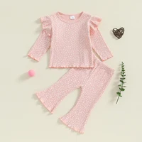 MISOWMNJOY Cute Autumn New Baby Girl Clothing Suits Soft Ribbed Infant Outfits Ruffle Long Sleeve Tops Flare Pants Kids Clothes