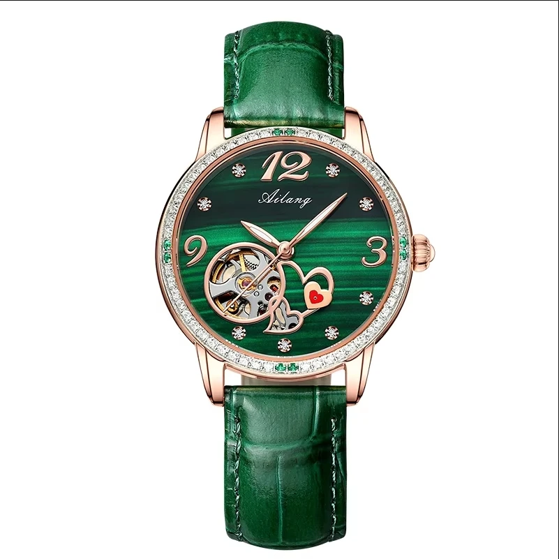 Luxus Automatische Skelett Mechanische Uhr Damen Uhr Hochwertige Wasserdichte Diamant Grüne Uhr Leuchtende Uhr_voghion.com