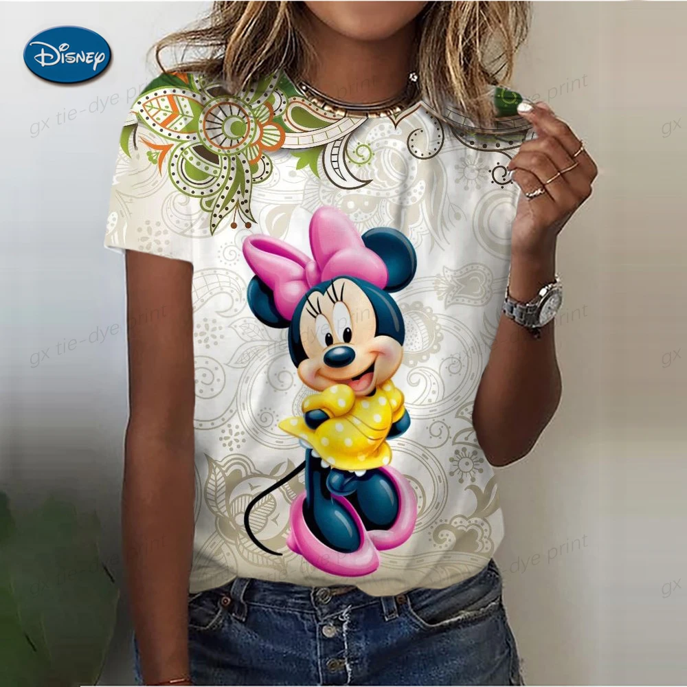 

Hot Pink Minnie Mouse Graphic Women's T-Shirt Disney Mickey Graphic Tees Kawaii T Shirts for Women O-Neck Short Sleeve Tops Tees