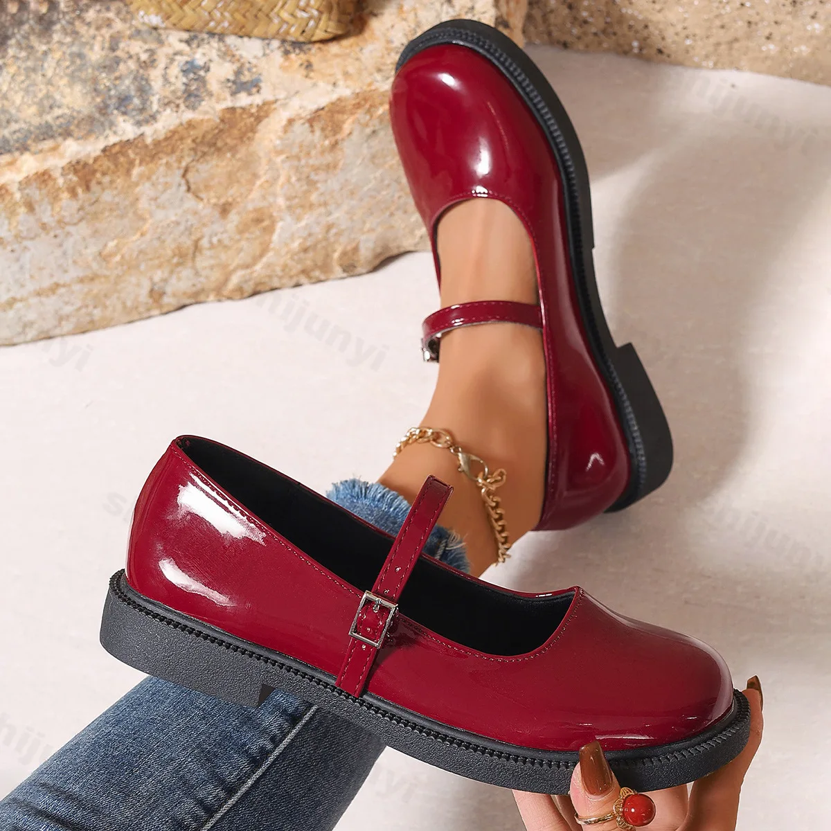 2025 New Women's Thick Heel Shoes Autumn New Round Head Shallow Mouth One Word Thick Soft Sole Non-slip Low Top Leather Shoes 2