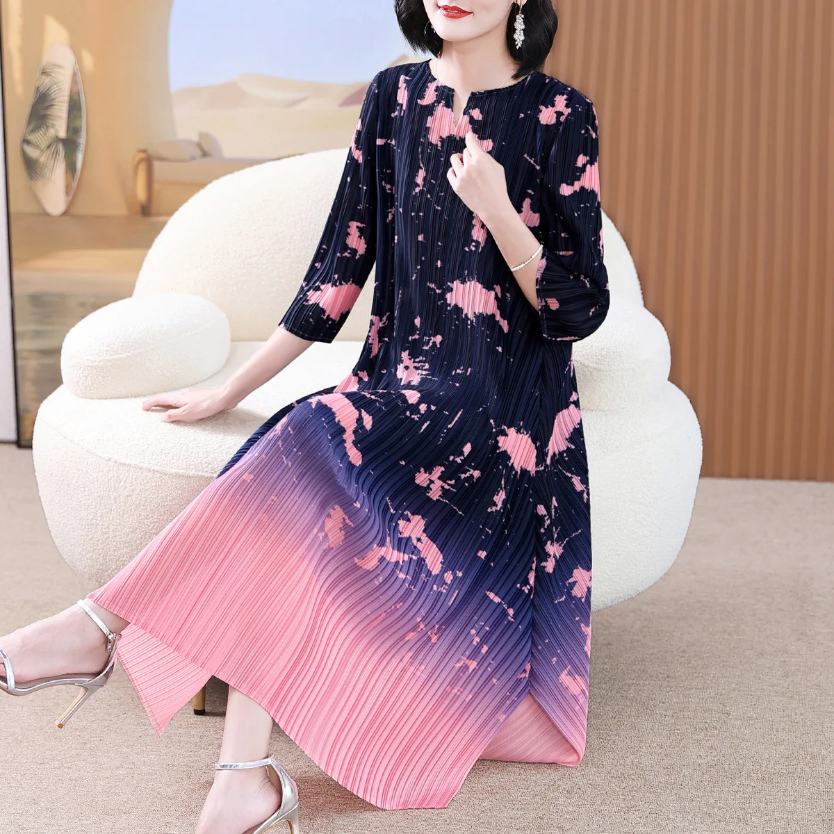 

Pleated fashion print dress 2023 new large size women's dress