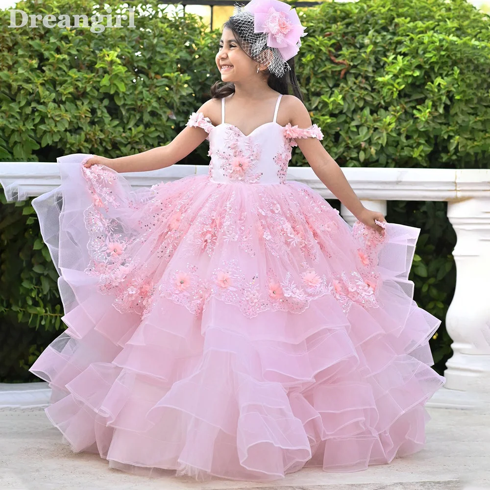 

Dreamgirl Pink Flower Girl Dresses A-Line Off the Shoulder 3D Flowers Appliques Pleat Tiered robe de mariée vestido de novia
