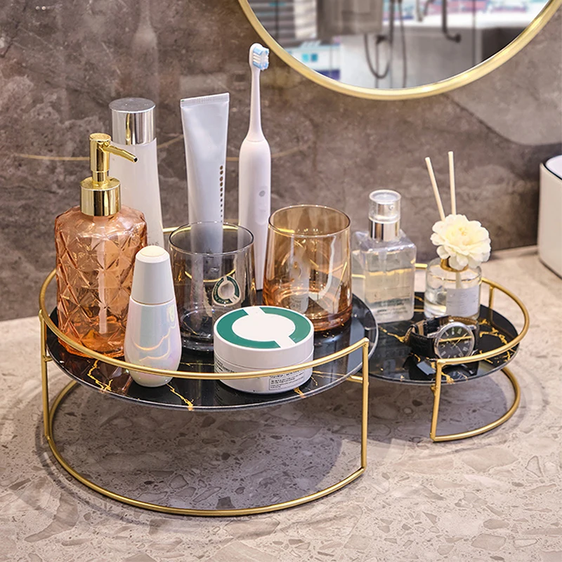 Bathroom Organizer Holder with Metal Base Cosmetic Container Marble Pattern Tray Rack Home Party Decoration Candle Holder New 3