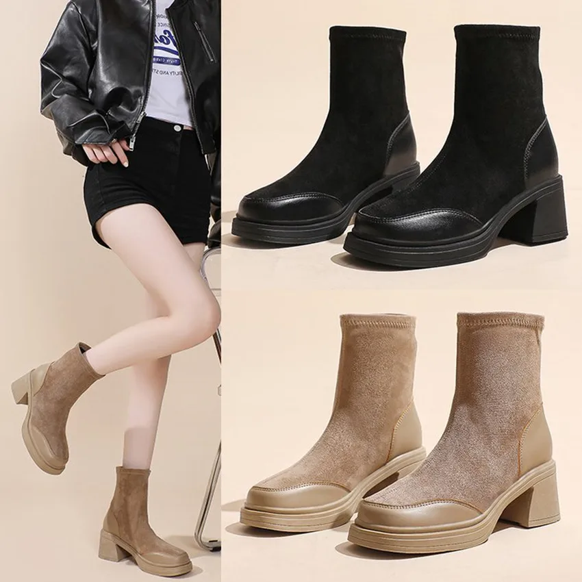 2023 Autumn Boots Women Shoes Woman Boots Fashion Round toe Ankle Boots  Winter Elastic Black Boots Comfortable Botas 34-39