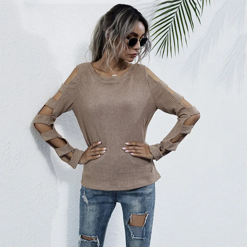 

Women's Solid Color Round Neck Strapless Sweater Hollow Long Sleeve Black Bottoming Knitwear Fashion
