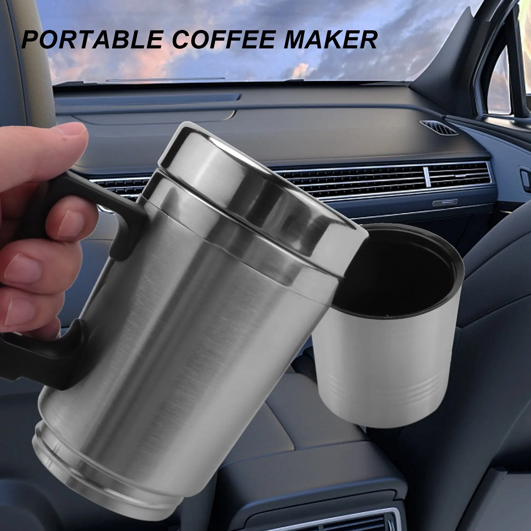 차량용 가열 주전자, 간편한 12V 300ml 휴대용 차량용 커피 메이커 티포트 차량용 가열 컵 뚜껑 포함 야외용 물병 전기
