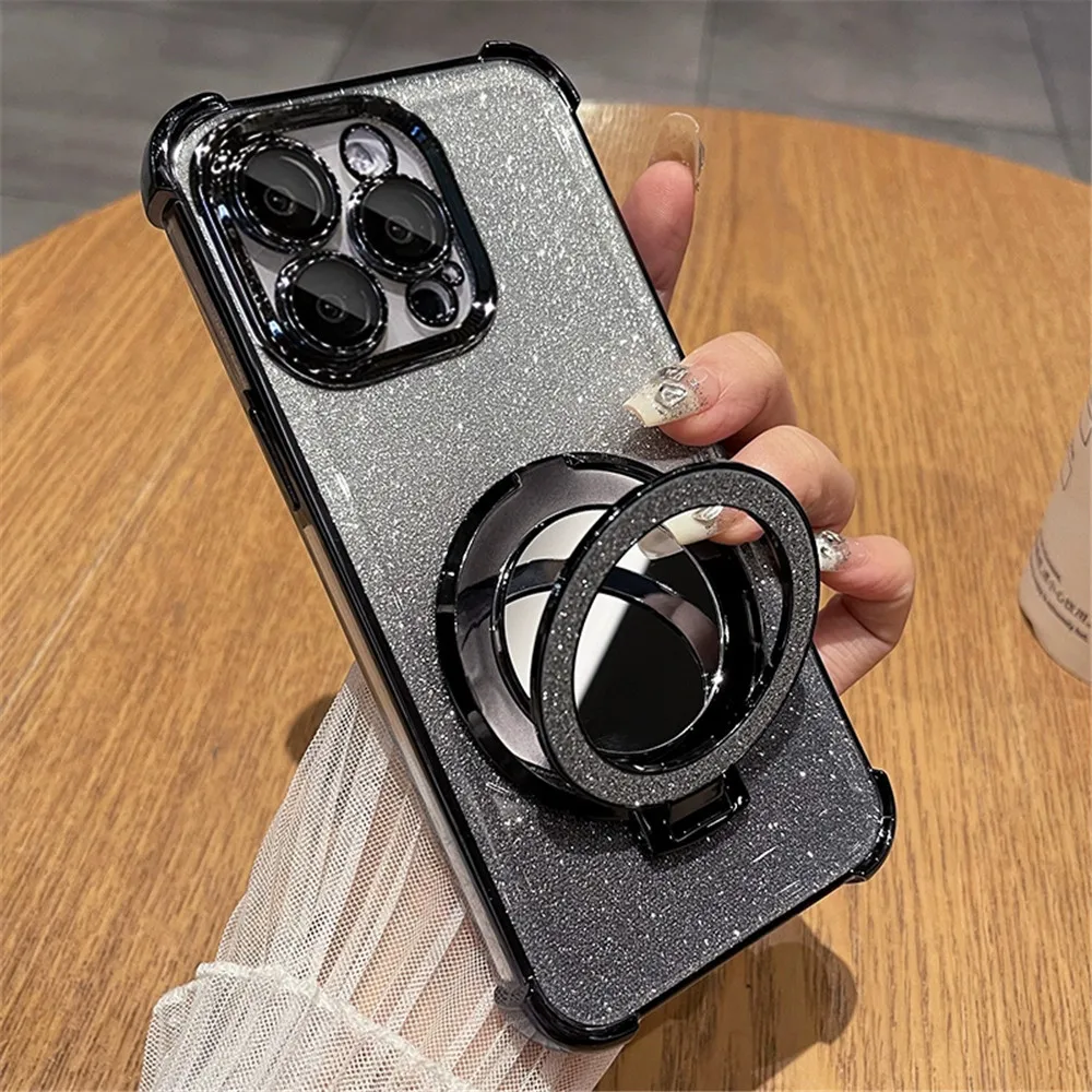 Glitter Shockproof Silicone Case with Mirror Magnetic Holder Stand Cover