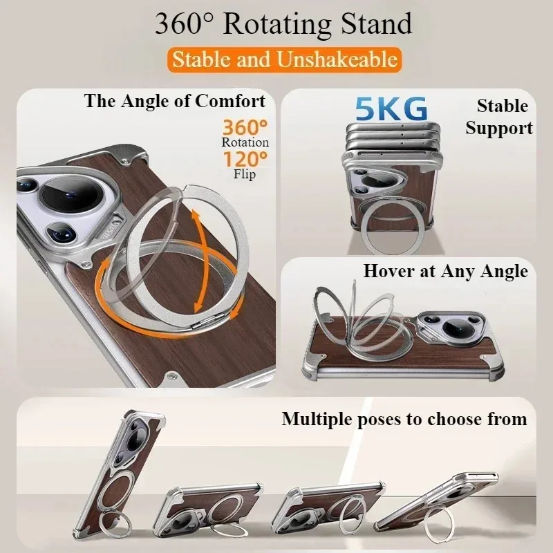 Eary for Huawei Pura 70 Ultra Phone Case with Magsafe 360°Rotatable Magnetic Stand Wood Frameless Bumper Protective P70 Cover