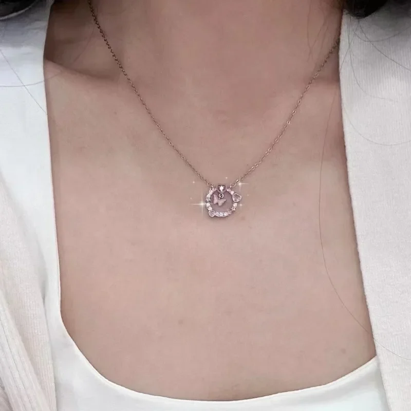 

Korean Pink Zircon Sparkling Love Butterfly Women's Necklace Luxury Wedding Party Clavicle Chain For Women Fashion Jewelry 2023