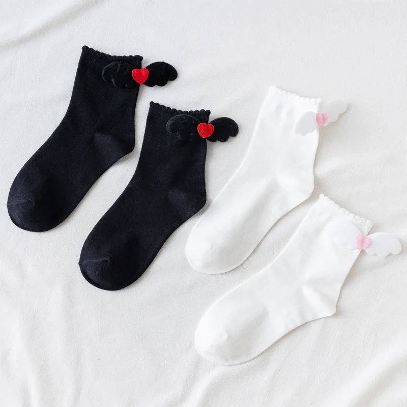

Women Kawaii Tube Socks Cotton Black and White Angel and Devil Heel Wings Pile Pile Sock Gfits for Girl Love Heart Cute Socks