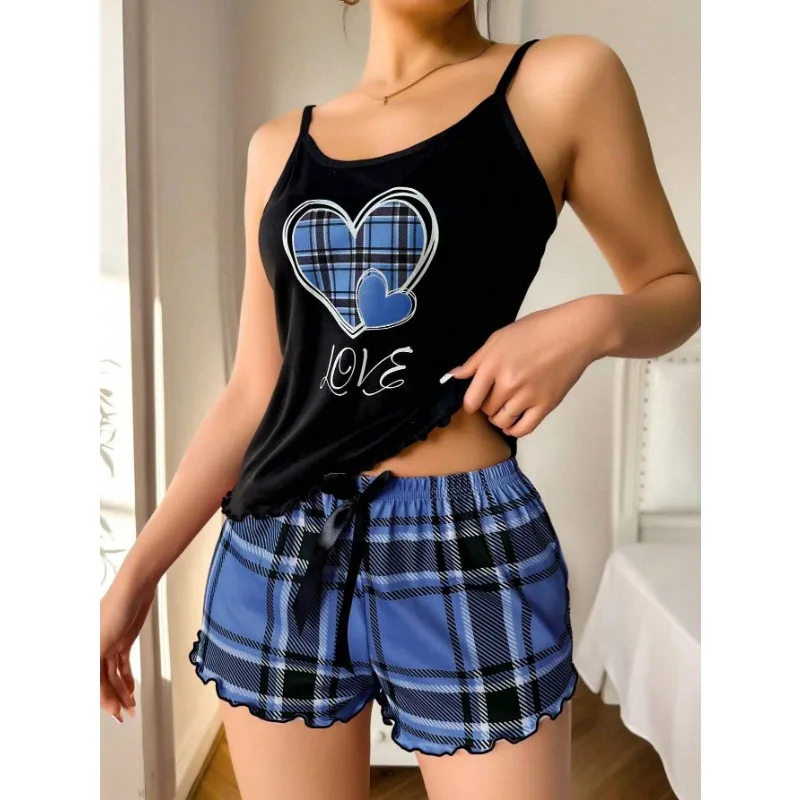 Women Sexy Suspender Shorts Thin Pajamas Letter Print Plaid Shorts Large Pajamas Romantic Home Wear Sexy Nightwear Short Pajama 5