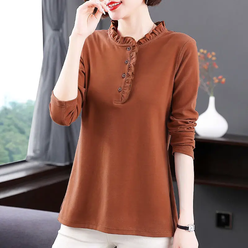 Fashion Solid Color Button Ruffles All-match Blouses Women's Clothing 2023 Autumn Winter Commute Pullovers Loose Casual Shirts