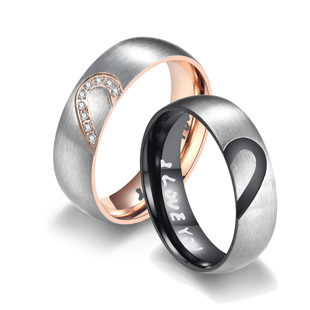 Elegant Rose Gold & Black Heart Promise Rings - Stainless Steel Couples Jewelry