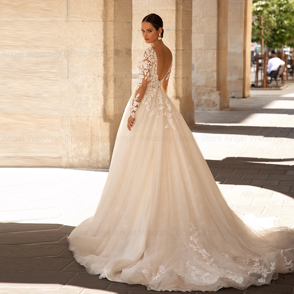 ANGEL Exquisite Wedding Dresses Long Sleeves Sexy Backless Bride Gowns Applique Princess Tulle A-Line vestidos de novia 2