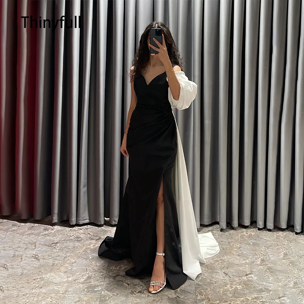 

Thinyfull Saudi Arabic Mermaid Evening Dresses Side Split Pleats Satin Dubai Prom Party Dress with Skirt Formal Occasion Gowns