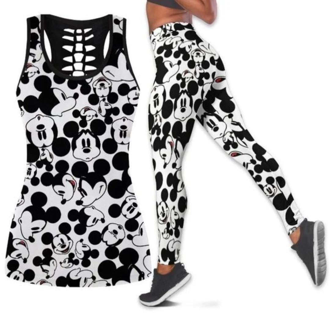 Mickey Mouse Women's Hollow Vest + Women's Leggings Yoga Suit Fitness  Leggings Sports Suit Disney Tank