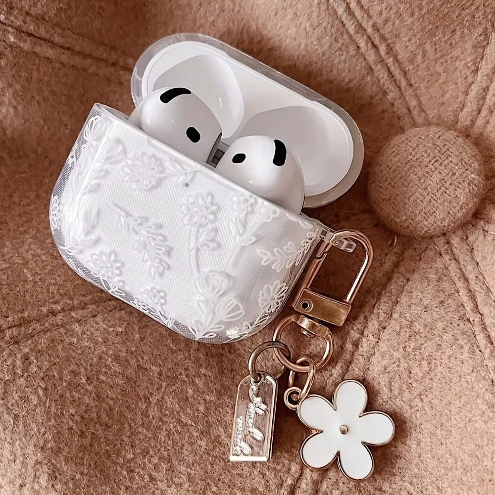 Elegant White Floral Earphone Protective Case Cover