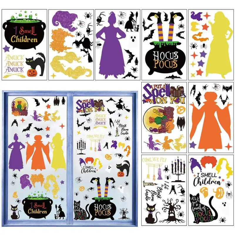 Halloween Window Silhouette 9 Fogli Adesivi Statici Decorazioni Spaventose Stile Halloween Double Sided Hocus Pocus Decal Per La Festa