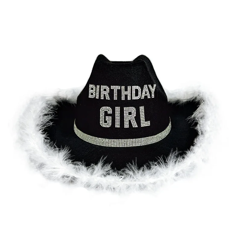 Birthday Girls Pink Raw Edge Furry Cowboy Hat White black Birthday crown Party Top hats Cute festival stage performance caps