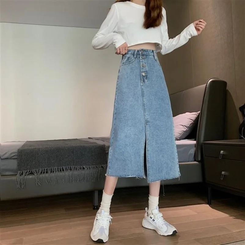 

Spring Summer Irregular Knee-Length Denim Skirt Women Streetwear Casual Single Breasted High Waist Straight Jean Skirt Mokijins