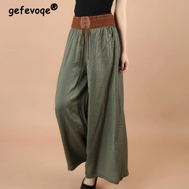 

Women Clothes 2024 Summer Fashion Lace Up High Waist Wide Leg Pants Vintage Boho Casual Loose Thin Trousers Pantalones De Mujer