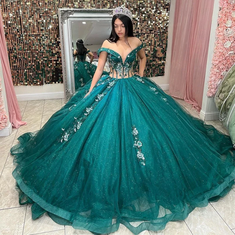 

Emerald Green Off The Shoulder Sweetheart Tulle Quinceanera Dresses Pageant Ball Gown Lace Beading Sequined Princess Party Sweet