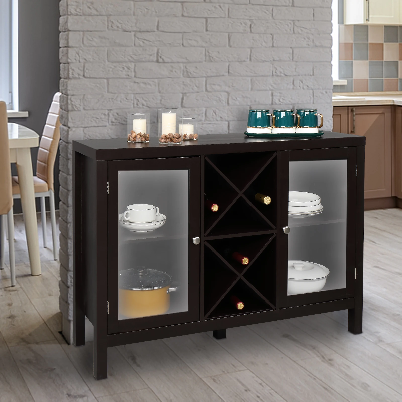 

Kitchen Sideboard Cupboard FCH Transparent Double Door with X-shaped Wine Rack Sideboard Entrance Cabinet Brown