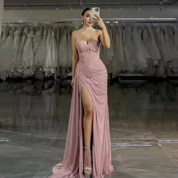 Customized Pink Side High Split robe Cut-Out Strapless Bridesmaid Dresses  mariage invité Sweep Train Wedding Guest Dresses