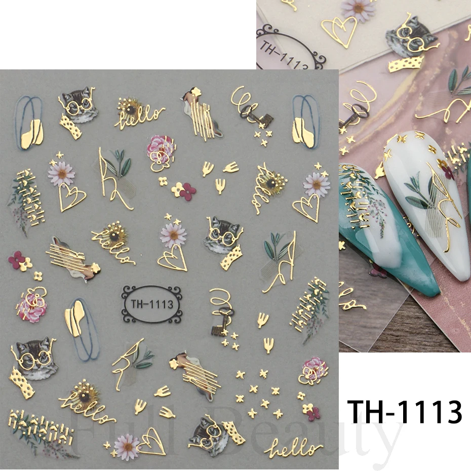 Nail Stickers 3D Golden Wave Line Nail Sticker Marble Blue Geometry Abstract Flowers Nail Art Sliders Decals Foils Manicure Decorations