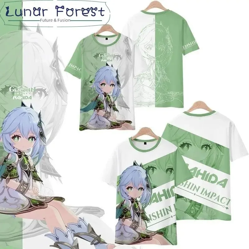 Genshin impact nahida 3D impression ã o camiseta ver ã o moda em torno do pesco ç o manga curta quimono popular jogo streetwear