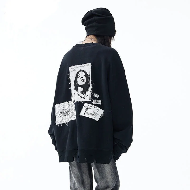 

Feiernan Grunge Asymmetric Women Hoodies Irregular Vintage 90s Patchwork Sweatshirt Goth Hippie Crewneck Streetwear Alt Clothes