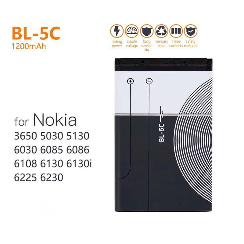 BL-5C 3.7V 1200mAh Batteria BL 5C Batterie ricaricabili per Nokia 2112 2118 2255 2270 2280 2300 2600 2610 3125 3230