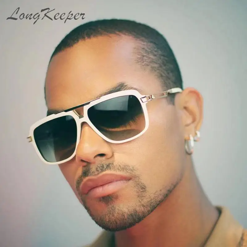 Longkeeper Metal Double Bridge Sunglasses Men Black Square Vintage