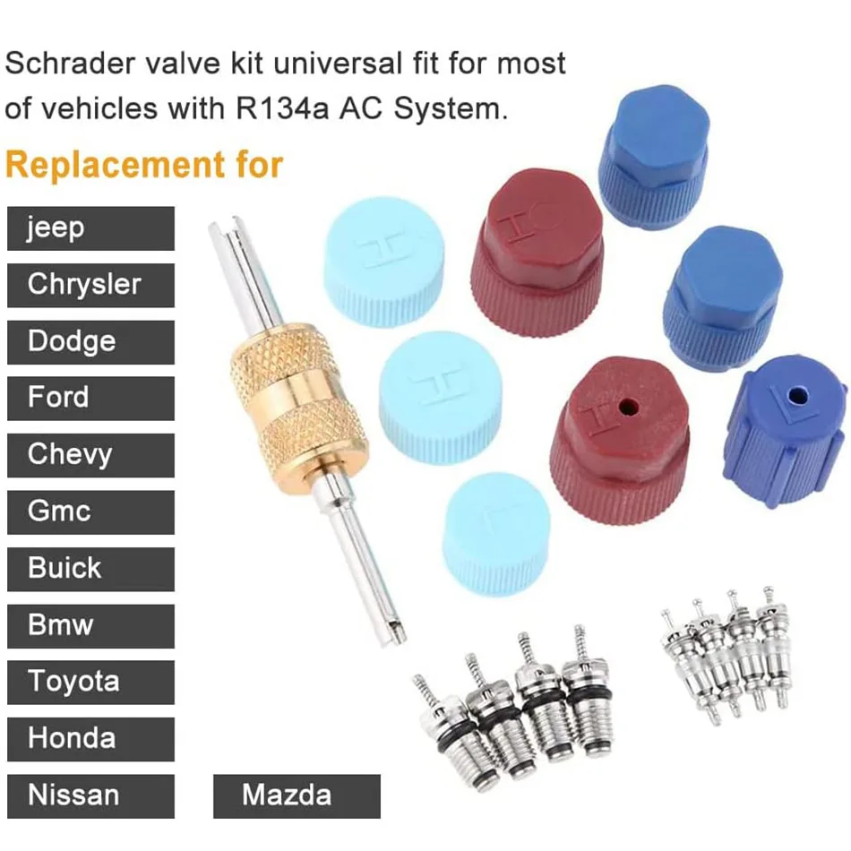 29Pcs 에어컨 밸브 코어 키트 Schrader 코어 액세서리 A/C R12 R134a 냉동 리무버 도구 HVAC 시스템 씰 캡