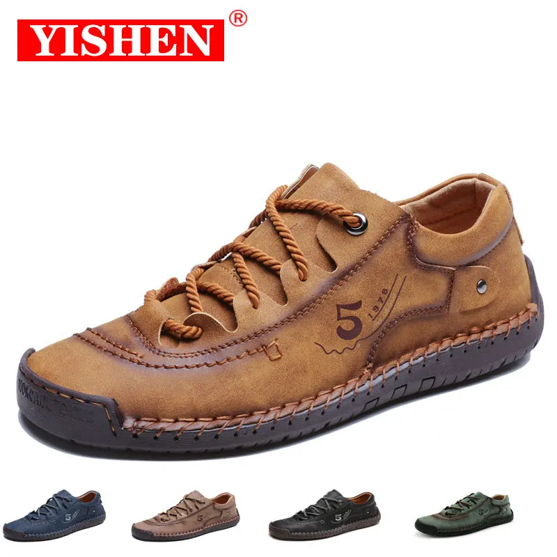 

YISHEN Leather Shoes Men Casual Shoes Leather Loafers Hand Stitching Outdoor Walking High Quality Flats Zapatos De Piel Hombre