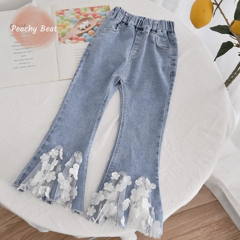 

Модные джинсовые расклешенные брюки для маленьких девочек, элегантные джинсовые брюки с цветочным рисунком для подростков, сетчатые штаны с широким дном, детская одежда