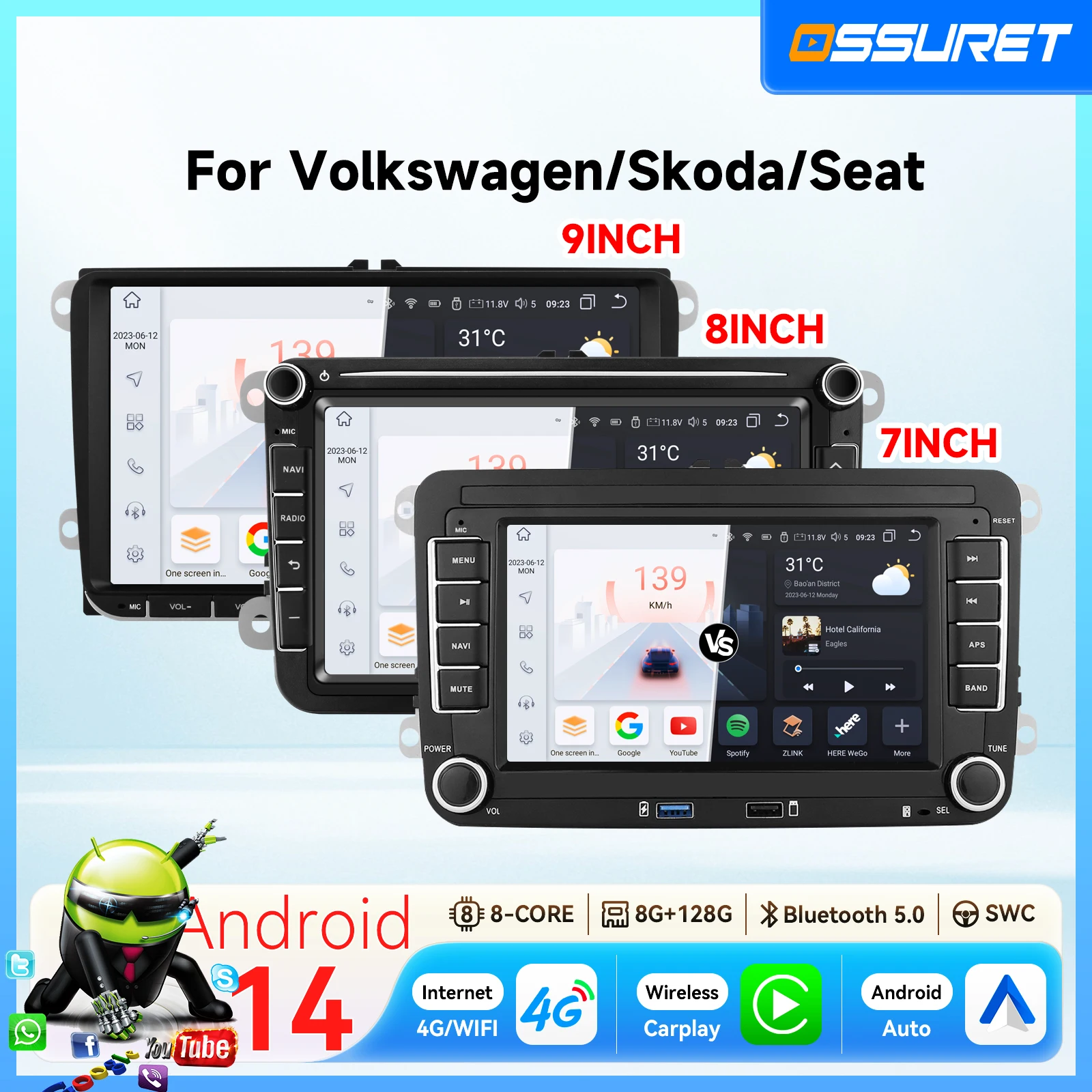 Radio para coche con Carplay Android 14 de 7/8/9 pulgadas para VW POLO GOLF 5 6 PASSAT B6 JETTA TIGUAN SHARAN Seat Octavia Fabia Skoda Leon, reproductor multimedia, GPS, pantalla inteligente, unidad principal 2DIN 1