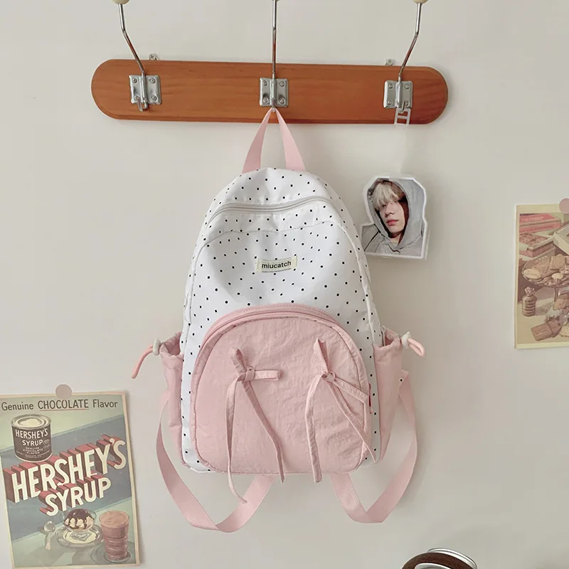 Women's casual hiking backpack suitable for elementary school students' outdoor sports, bow and dot design, lightweight
