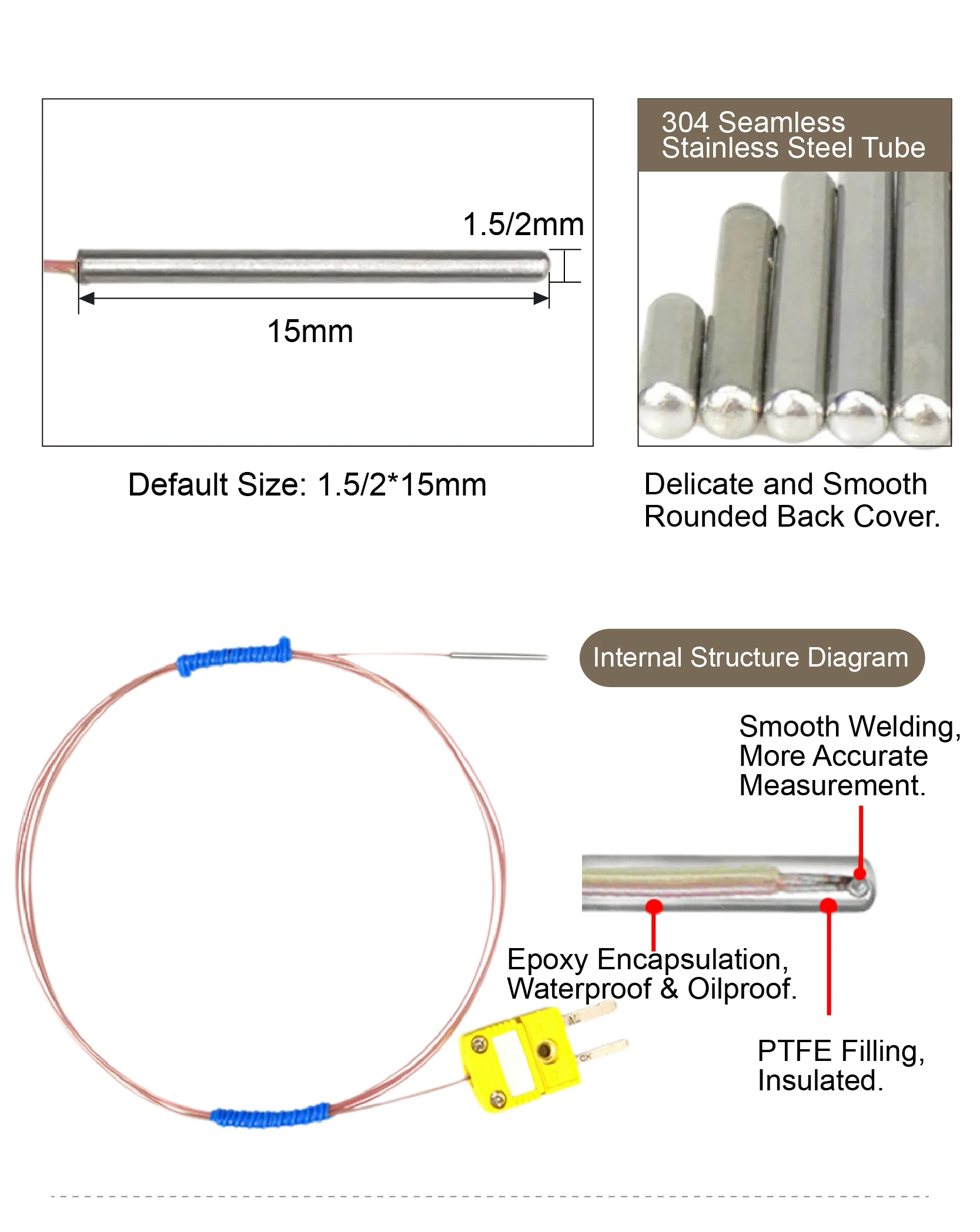 Waterproof Oil Resistant K/J/T Type Micro Thermocouple Sensor φ1.5 φ2.0mm High T