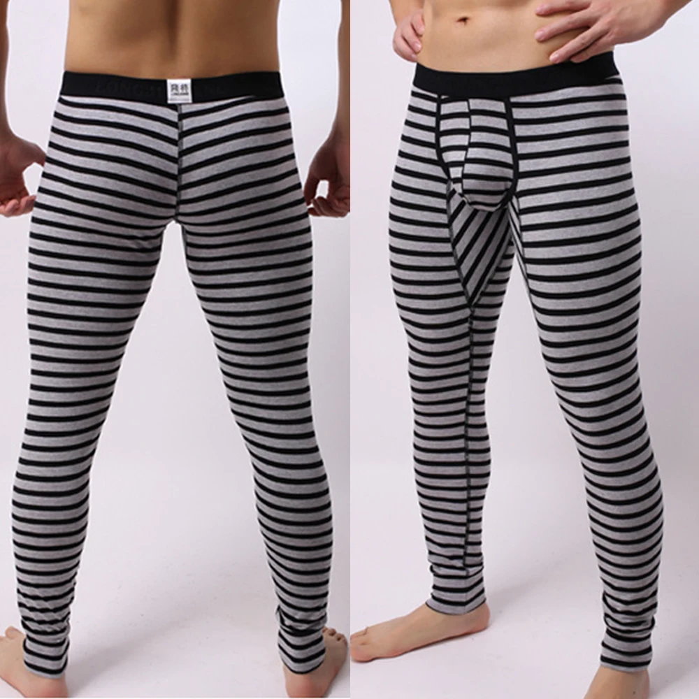 Men's Warm Cotton Long Johns Pants  Winter Horizontal Stripe Tight Pajamas Base Layer Leggings Thermal High Stretch Underwear