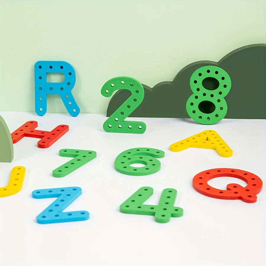 Letter and number threading games, intellectual wooden toys, exercise hand-eye coordination, suitable for birthday back-to-schoo